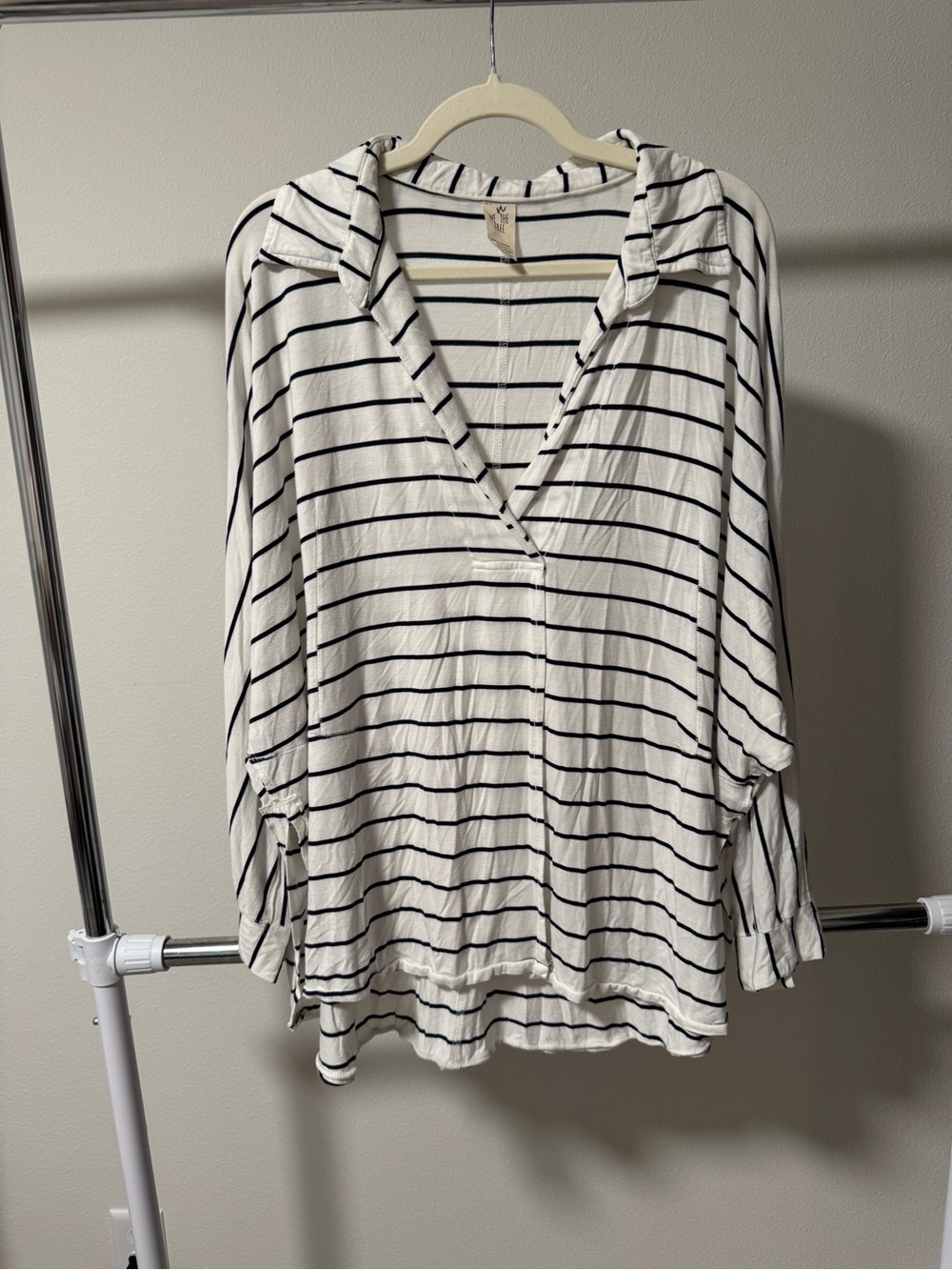 We The Free by Free People Striped V-Neck Hooded Tunic - White and Black